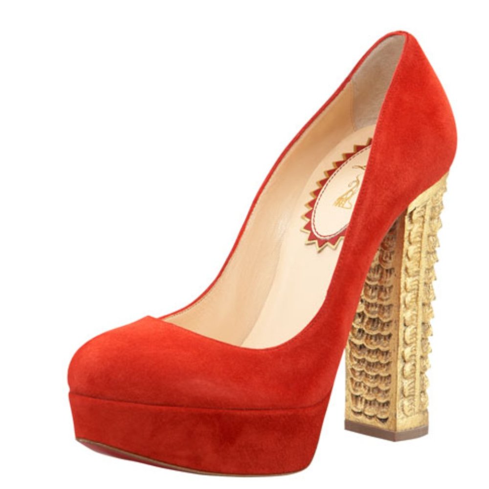 Christian Louboutin Red Suede Platform Pumps with Gold Sculpted Block Heel
